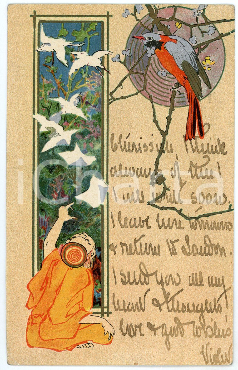 1904 JAPAN Man looking at flying birds - Postcard The Wrench Series n°7146  Cartolina postale d'epoca, viaggiata.CONDIZIONI: F (minime smussature angolari)FORMATO: FP    originale e autentica 1