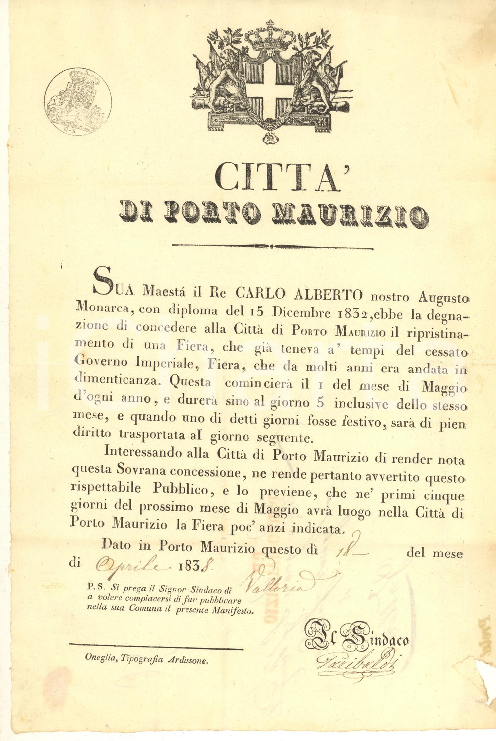 Documento originale, autentico 1838 ONEGLIA PORTO MAURIZIO Re CARLO ALBERTO ripristina antica Fiera *MANIFESTO 1