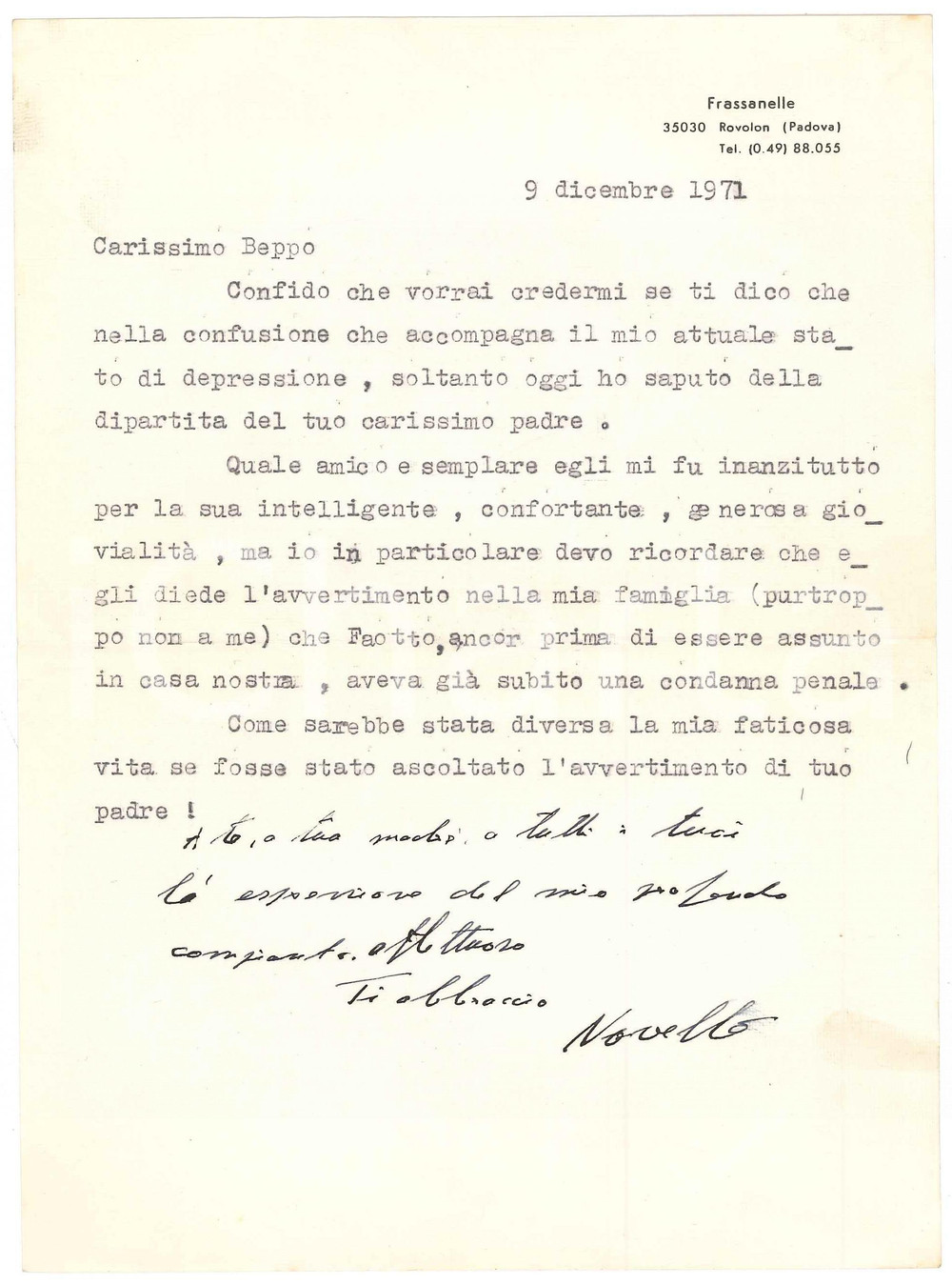 Autografo originale 1971 FRASSANELLE Condoglianze conte Novello PAPAFAVA DEI CARRARESI  Autografo 1