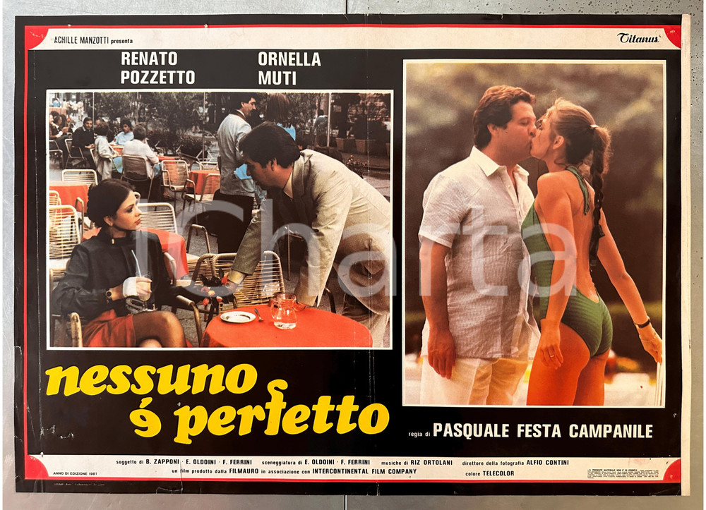 1981 "Nessuno è perfetto" Renato POZZETTO Ornella MUTI - Fotobusta locandina Fotobusta originale d'epoca. POOR/danneggiato piegatura centrale d'epoca; fori di affissione; piccoli strappi marginali Formato: 67x47 cm originale e autentica 1
