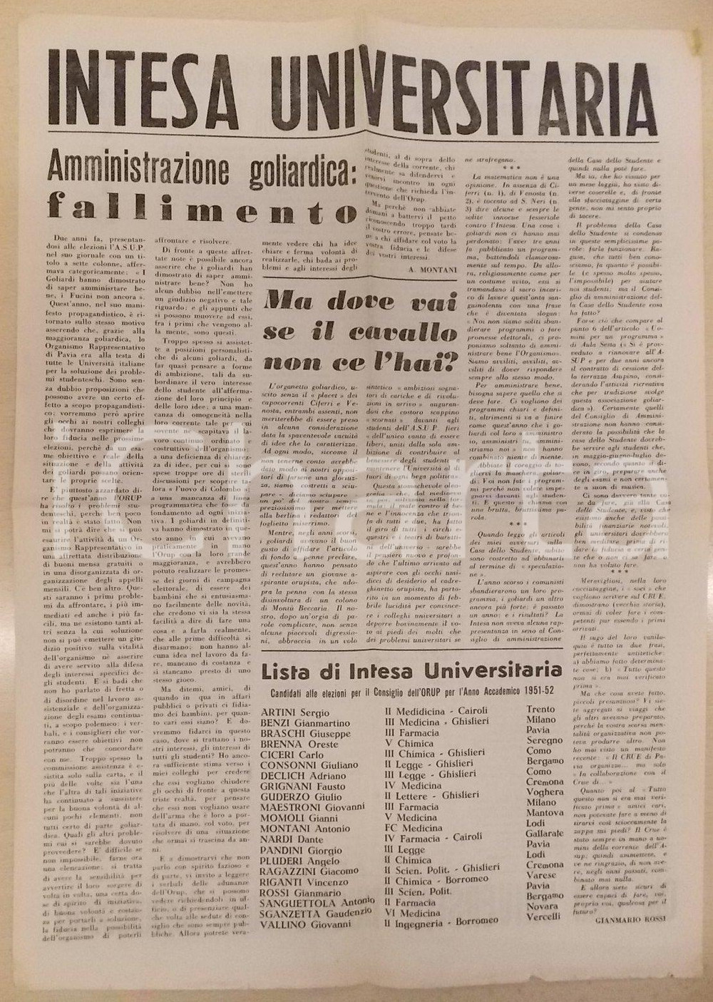 Giornale, rivista storica 1951 PAVIA INTESA UNIVERSITARIA Fallimento amministrazione goliardica ASUP 3 1
