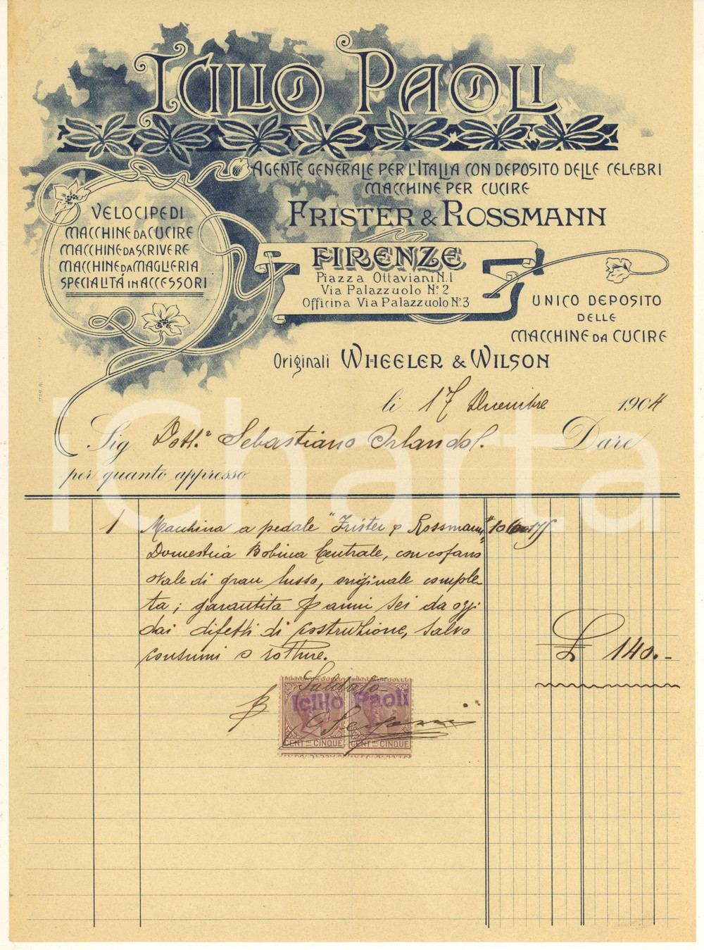 Documento originale, autentico 1904 FIRENZE Icilio PAOLI - Macchine da cucire e da scrivere *Fattura intestata 1