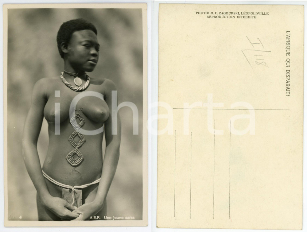 Cartolina originale da collezione 1930 ca C. ZAGOURSKI L Afrique qui disparaît A.E.F. Femme SARRA Scarification 1 1