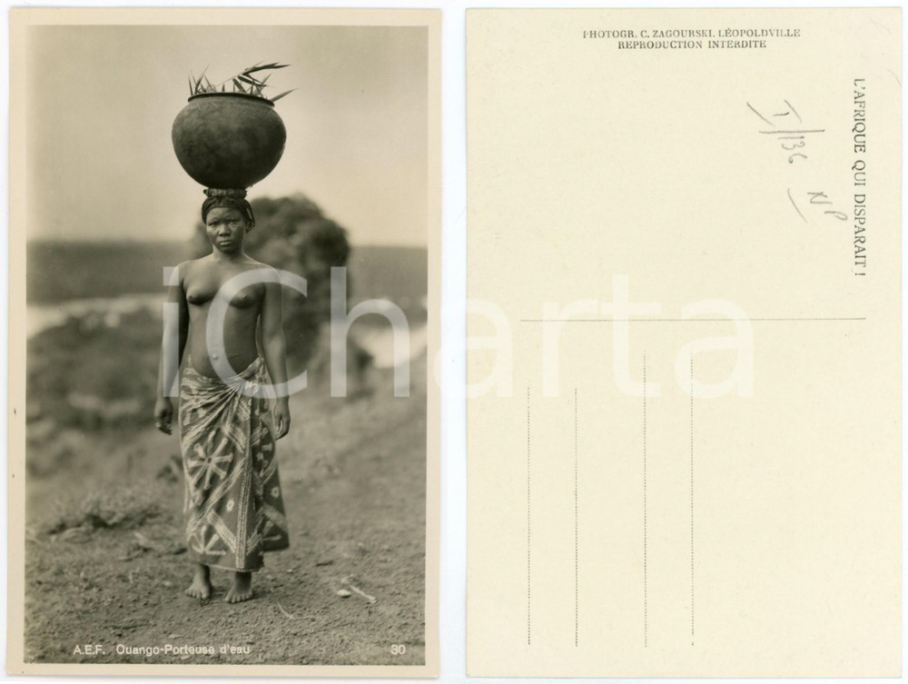 1930 ca C. ZAGOURSKI «L'Afrique qui disparaît» A.E.F. OUANGO Porteuse d'eau  Fotocartolina postale d'epoca, appartenente alla serie &laquo;L'Afrique qui dispara&icirc;t&raquo; del fotografo Casimir Zagourski (L&eacute;opoldville).N&deg; 136, non viaggiata.CONDIZIONI: G FORMATO: 9x14 cm    originale e autentica 1