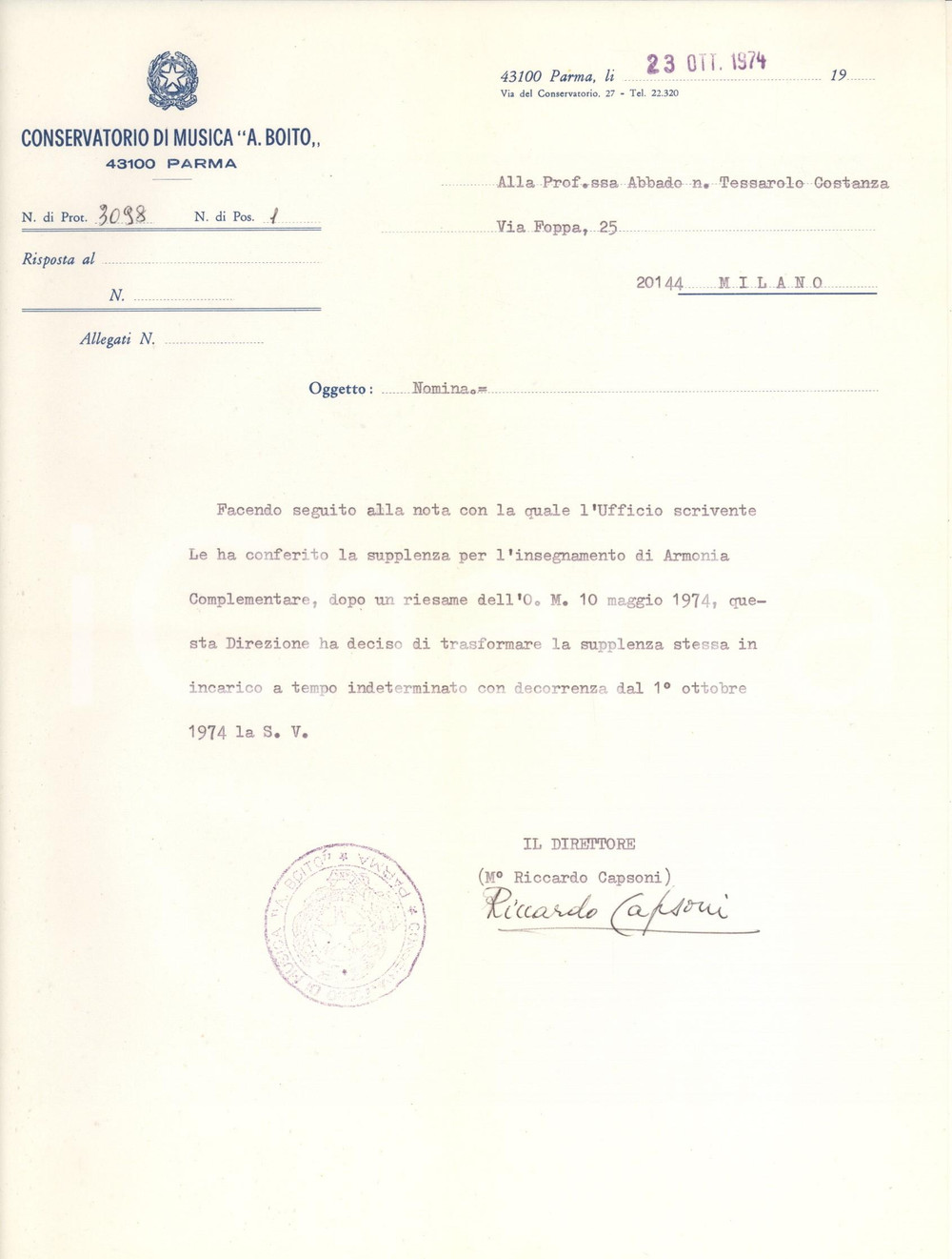 Autografo originale 1974 PARMA Conservatorio BOITO  Lettera Riccardo CAPPONI direttore Autografo 1
