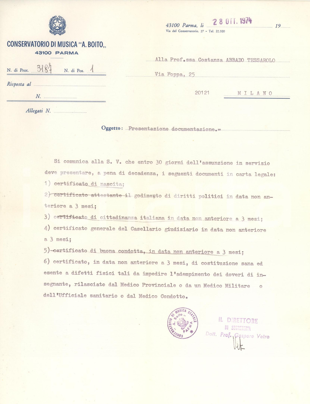 Autografo originale 1974 PARMA Conservatorio A. BOITO  Lettera Gaspare VETRO Autografo 1