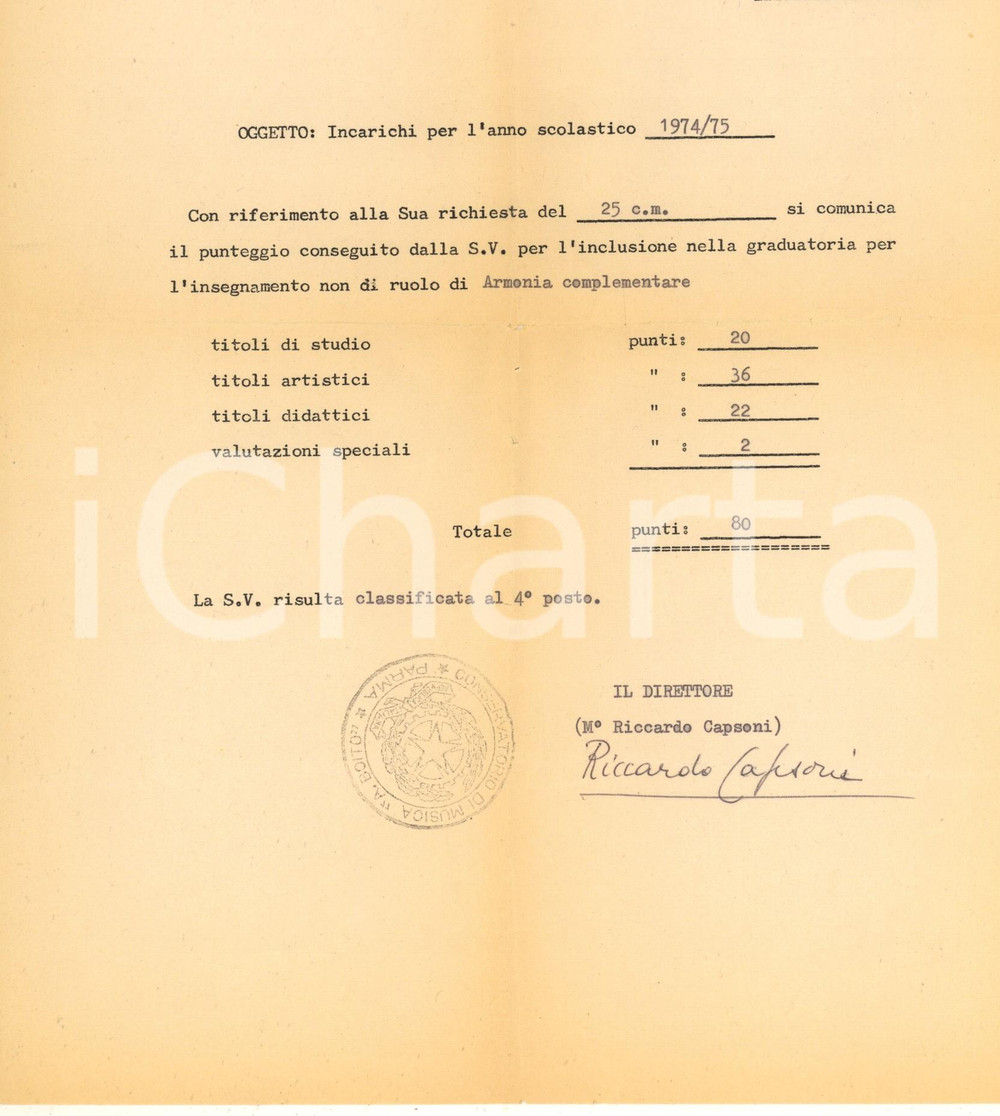 Autografo originale 1974 PARMA Conservatorio  Lettera Riccardo CAPPONI per incarichi Autografo 1