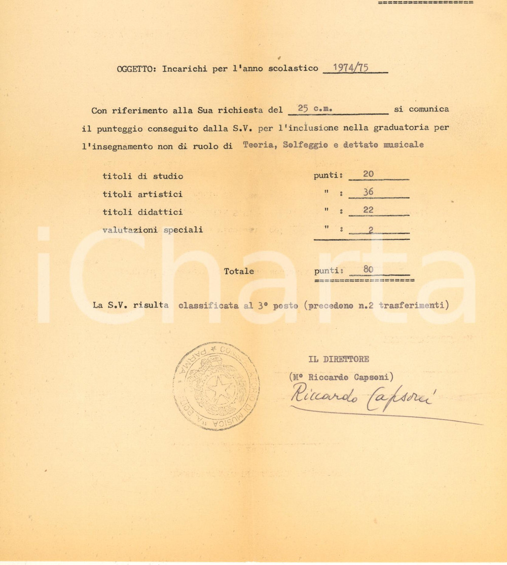 Autografo originale 1974 PARMA Conservatorio  Lettera Riccardo CAPPONI per incarichi Autografo 1