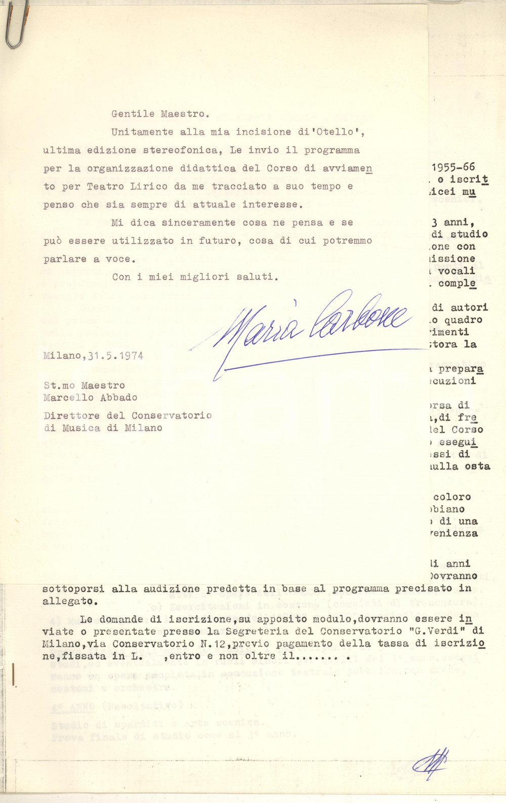 Autografo originale 1974 MILANO Soprano Maria CARBONE invia programma corso Teatro Lirico AUTOGRAFO 1