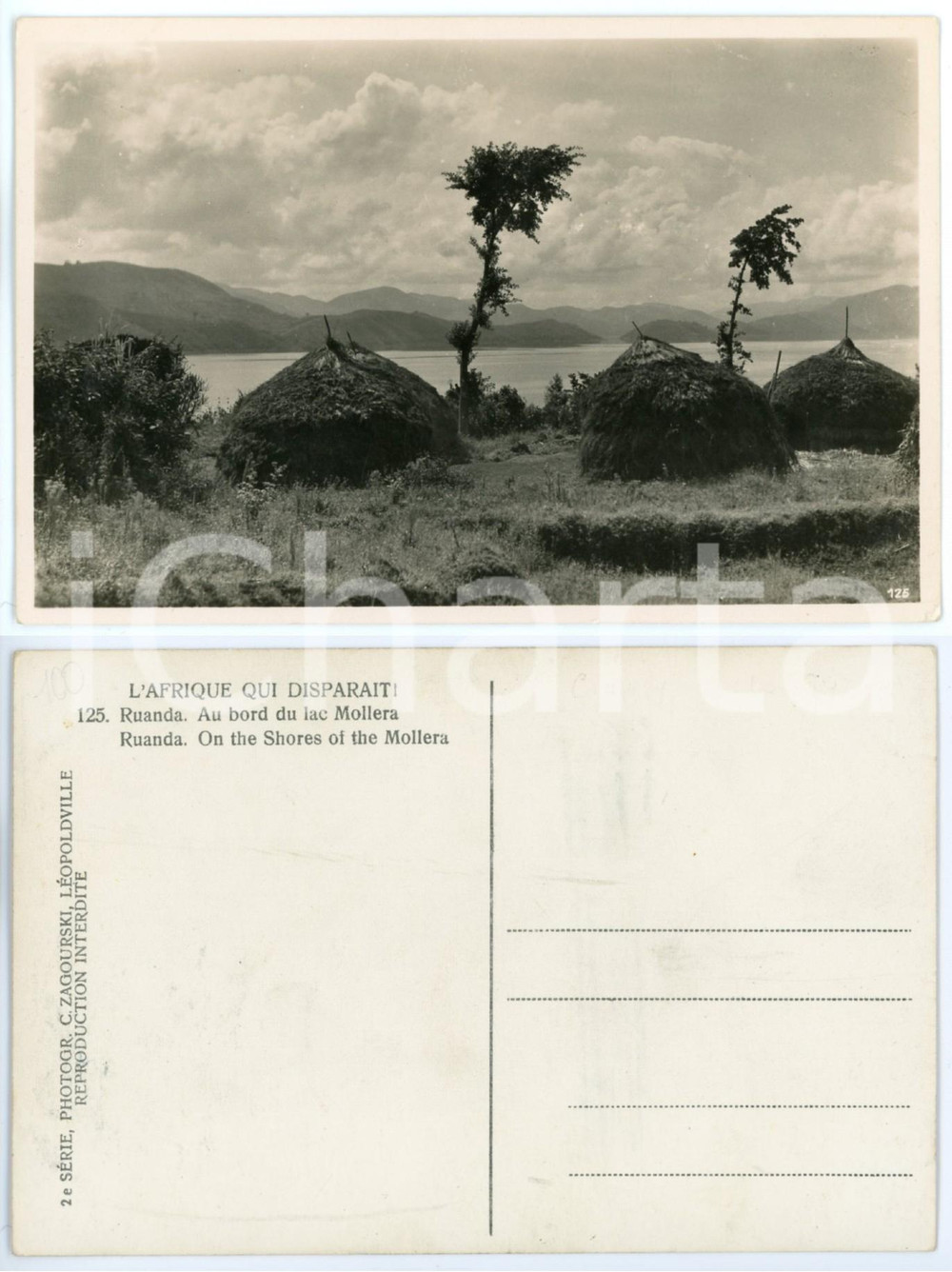 Cartolina originale da collezione 1930 C. ZAGOURSKI «L Afrique qui disparaît»  RUANDA Au bord du lac MOLLERA 1