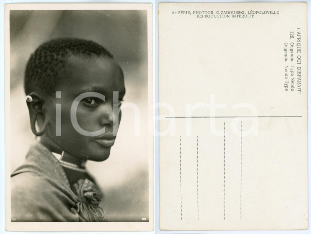 1930 C. ZAGOURSKI «L'Afrique qui disparaît» OUGANDA Type NENDE *Postcard 126  Fotocartolina postale d'epoca, appartenente alla 2^serie &laquo;L'Afrique qui dispara&icirc;t&raquo; del fotografo Casimir Zagourski (L&eacute;opoldville).N&deg;126, non viaggiata.CONDIZIONI: GFORMATO: 9x14 cm    originale e autentica 1