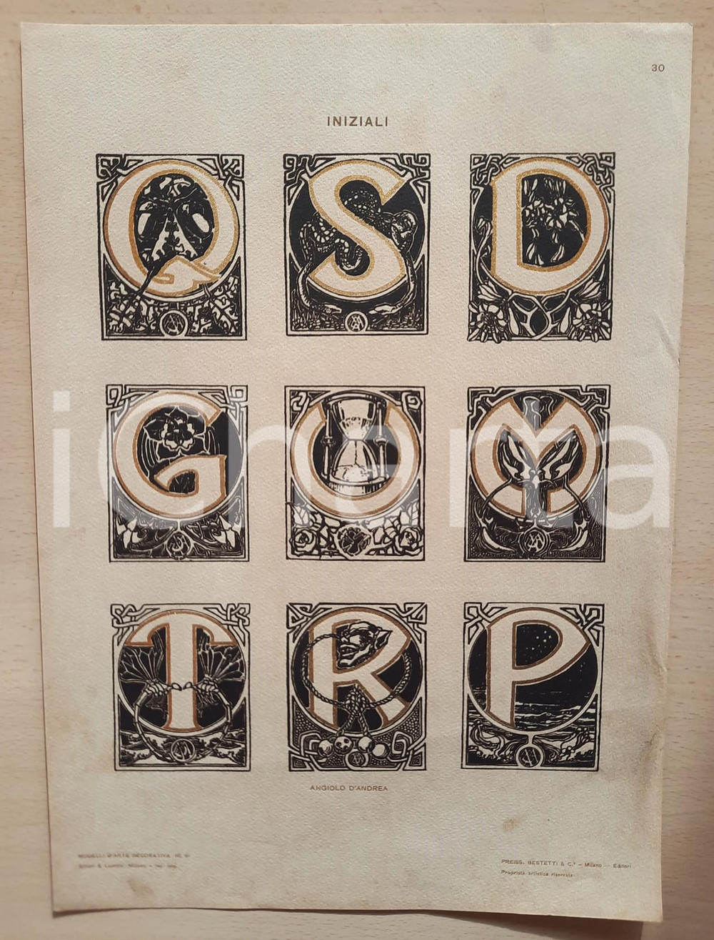 Stampa, bozzetto originale 1910 ca Angiolo D ANDREA  Iniziali Tavola da MODELLI DECORATIVI 25x35 cm 1