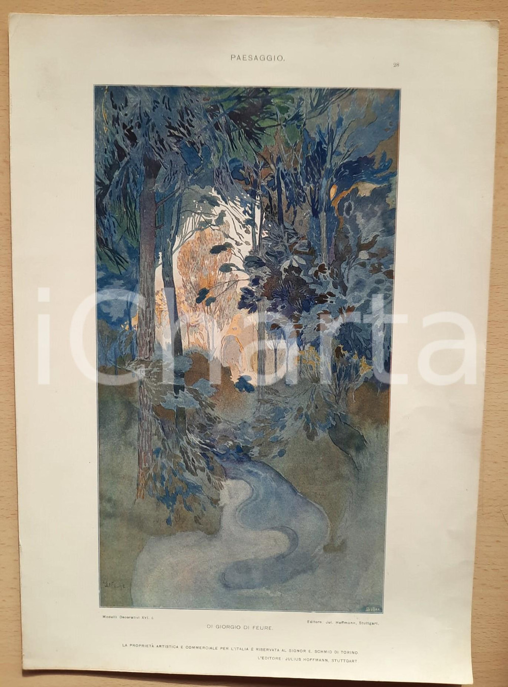 Stampa, bozzetto originale 1910 ca Giorgio di FEURE Paesaggio Tavola da MODELLI DECORATIVI 25x35 cm 1