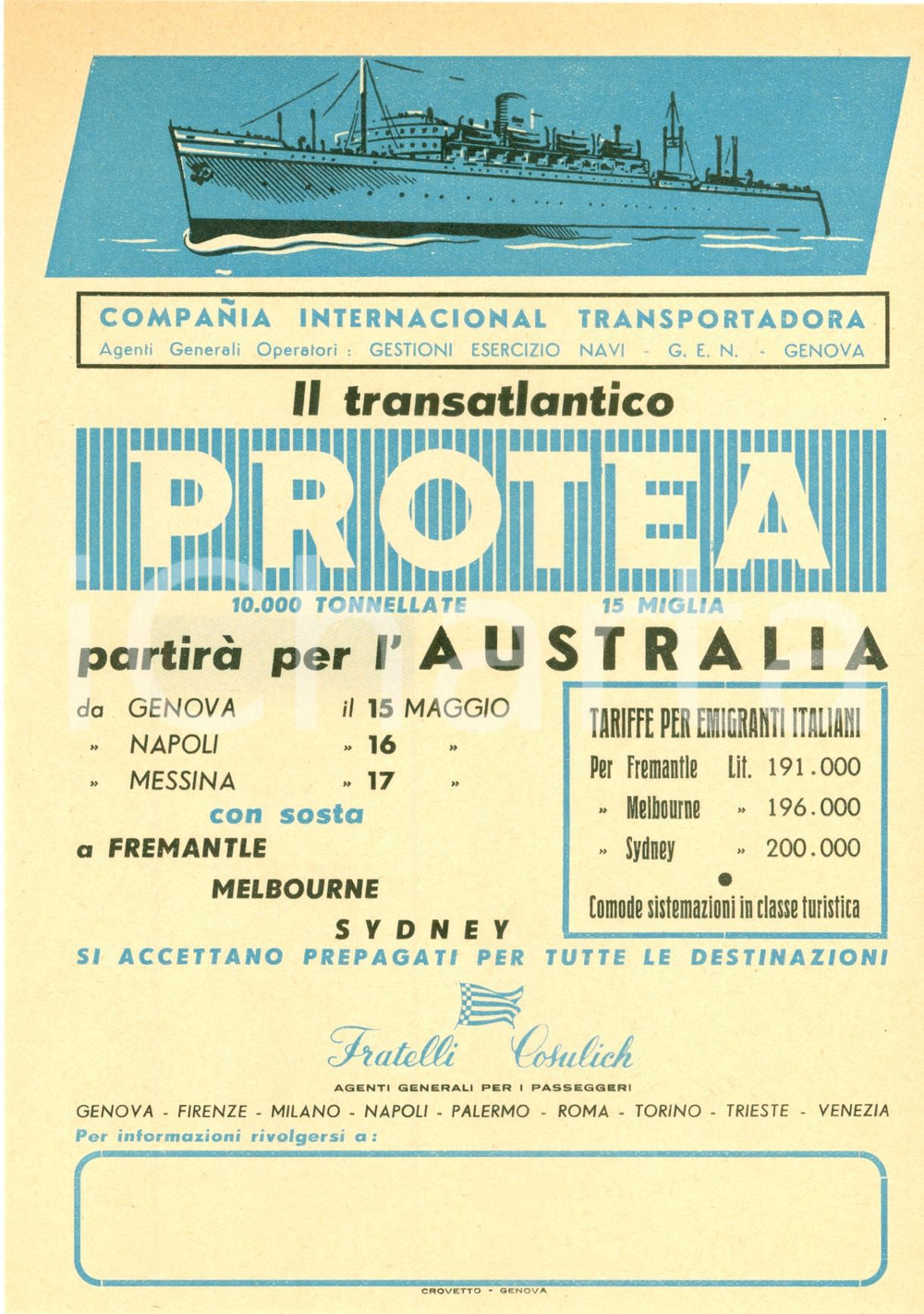 Materiale pubblicitario d’epoca 1951 GENOVA Transatlantico PROTEA parte per AUSTRALIA emigranti Volantino 8 1