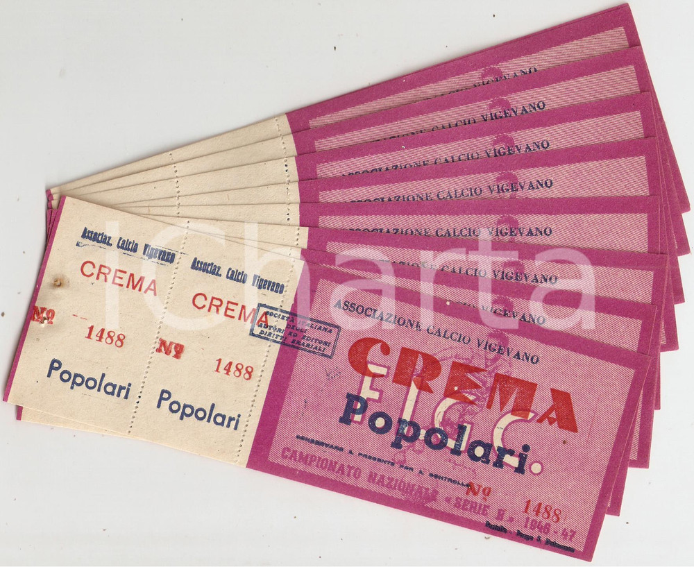 Oggetto da collezione cartaceo 1946  1947 FIGC Serie B VIGEVANO  CREMA Campionato Lotto 10 biglietti 1 1