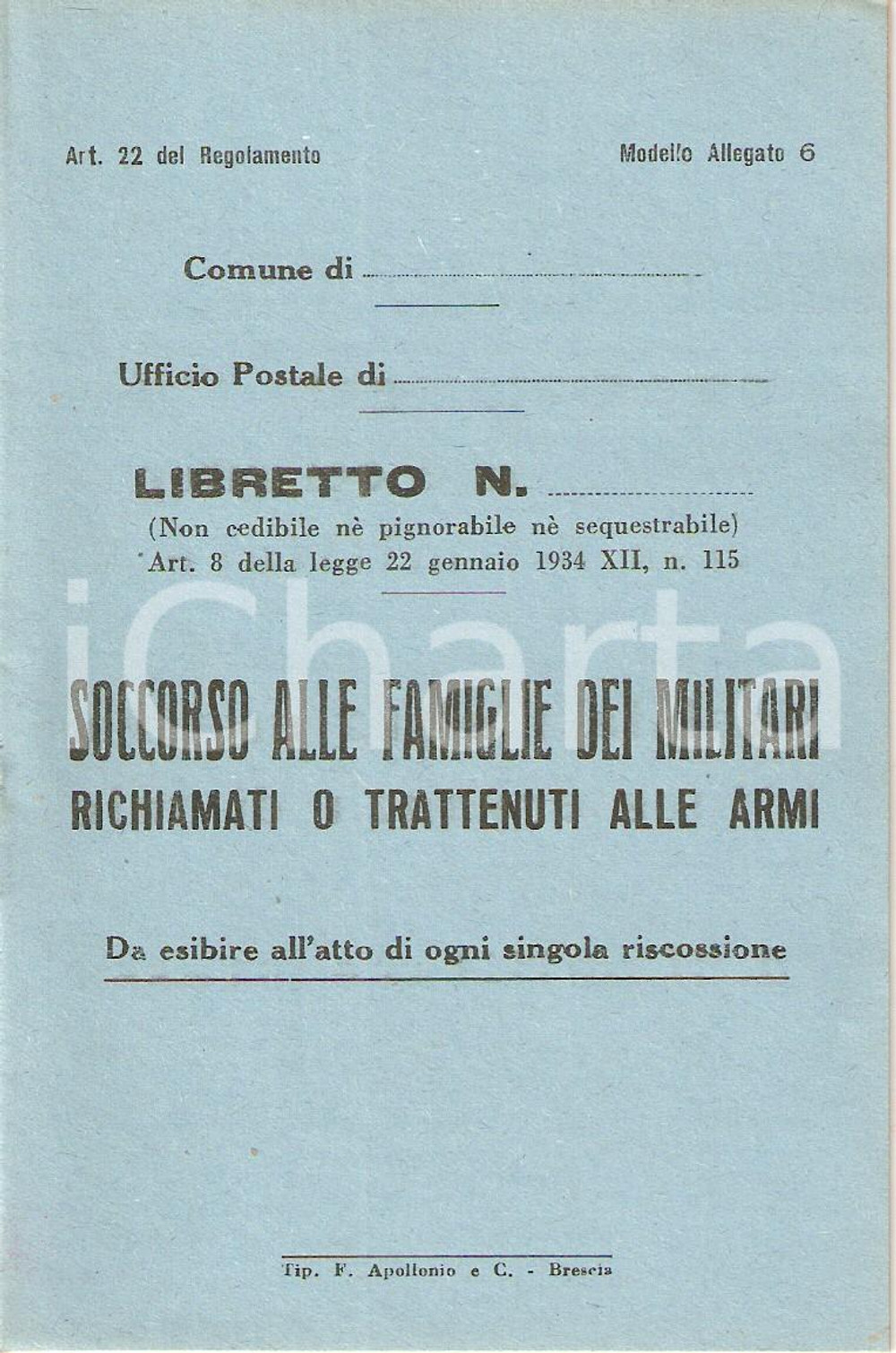 Documento originale, autentico 1940 ca WW2 Soccorso a famiglie militari richiamati o trattenuti Libretto 13 1