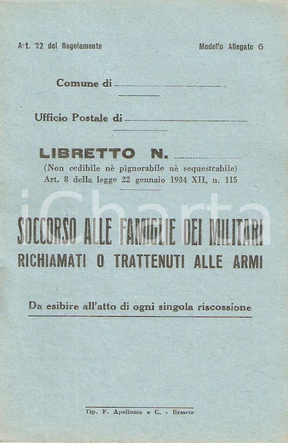 Documento originale, autentico 1940 ca WW2 Soccorso a famiglie militari richiamati o trattenuti Libretto 16 1