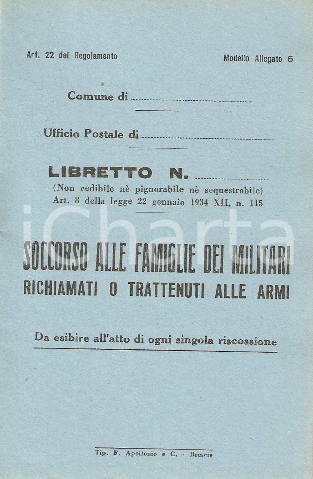 Documento originale, autentico 1940 ca WW2 Soccorso a famiglie militari richiamati o trattenuti Libretto 8 1