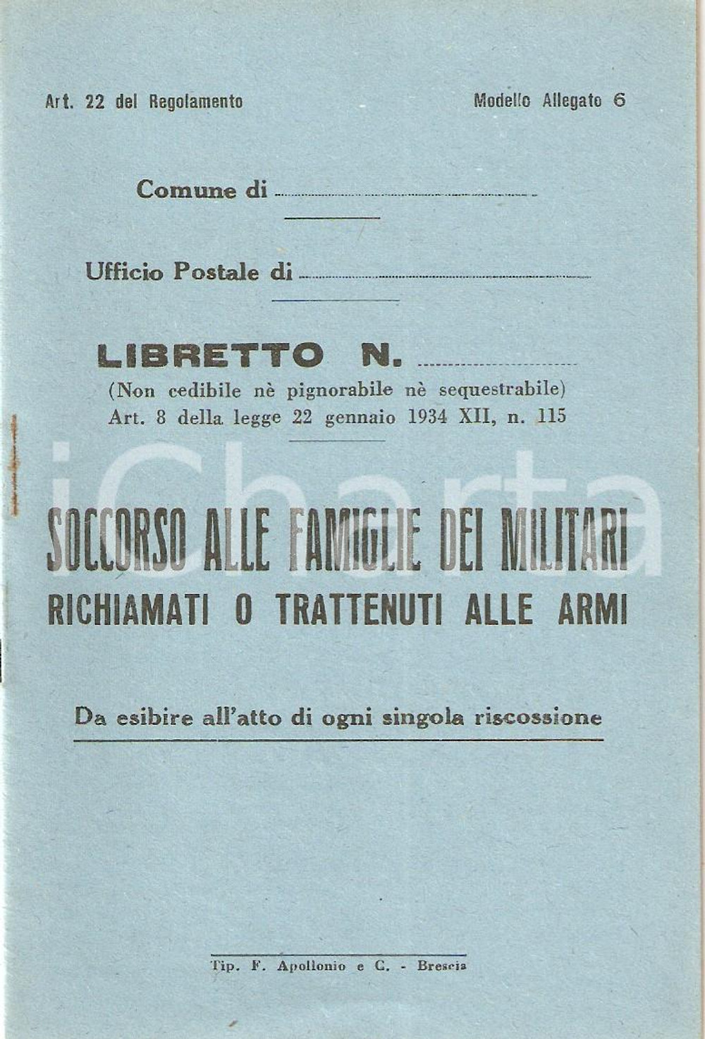 Documento originale, autentico 1940 ca WW2 Soccorso a famiglie militari richiamati o trattenuti Libretto 10 1