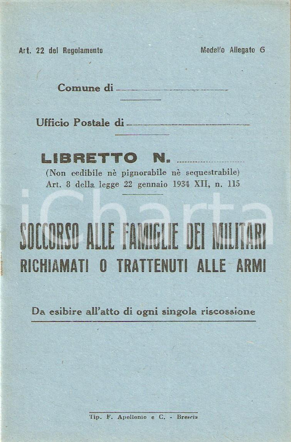 Documento originale, autentico 1940 ca WW2 Soccorso a famiglie militari richiamati o trattenuti Libretto 11 1
