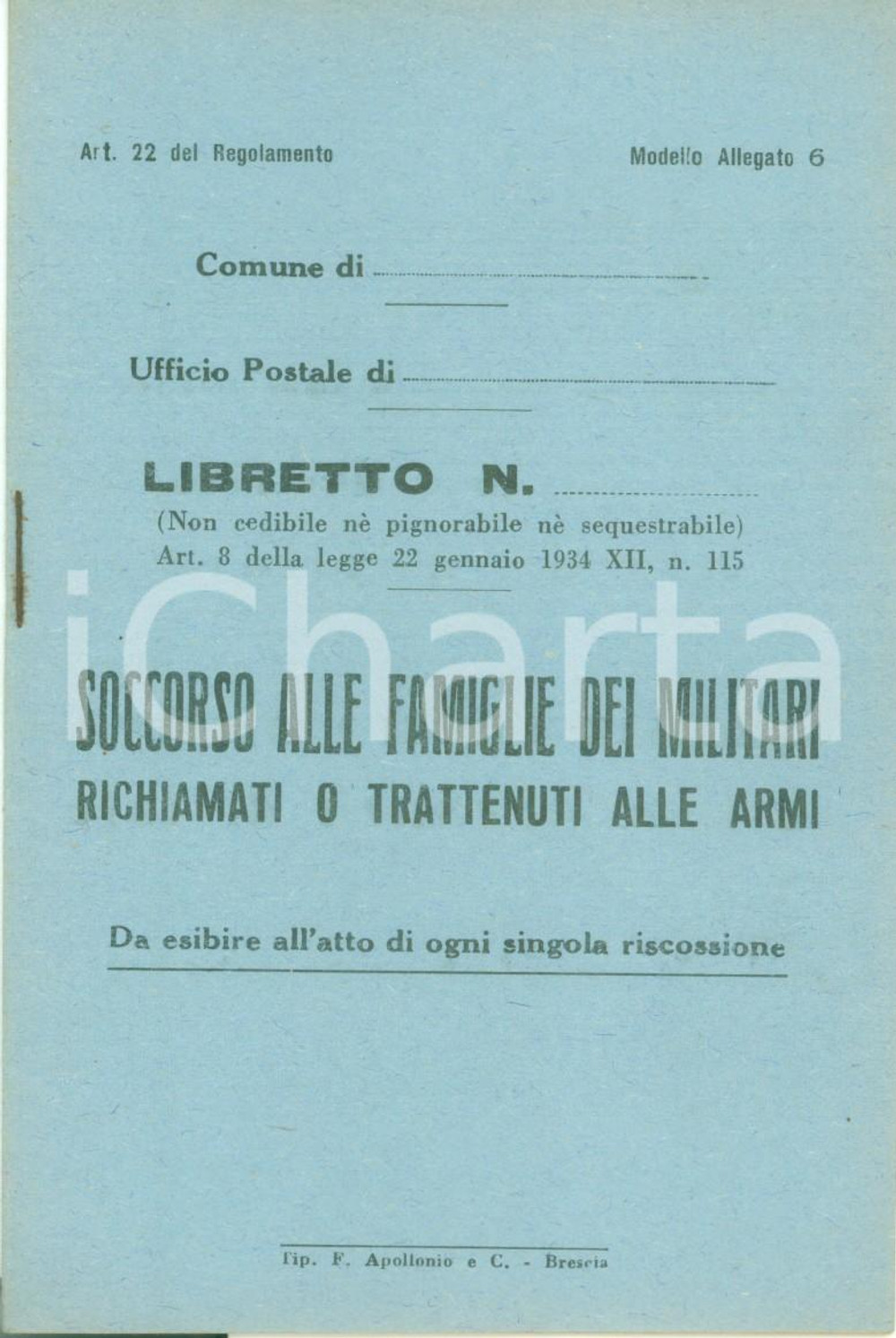 Documento originale, autentico 1940 ca WW2 Soccorso a famiglie militari richiamati o trattenuti Libretto 12 1
