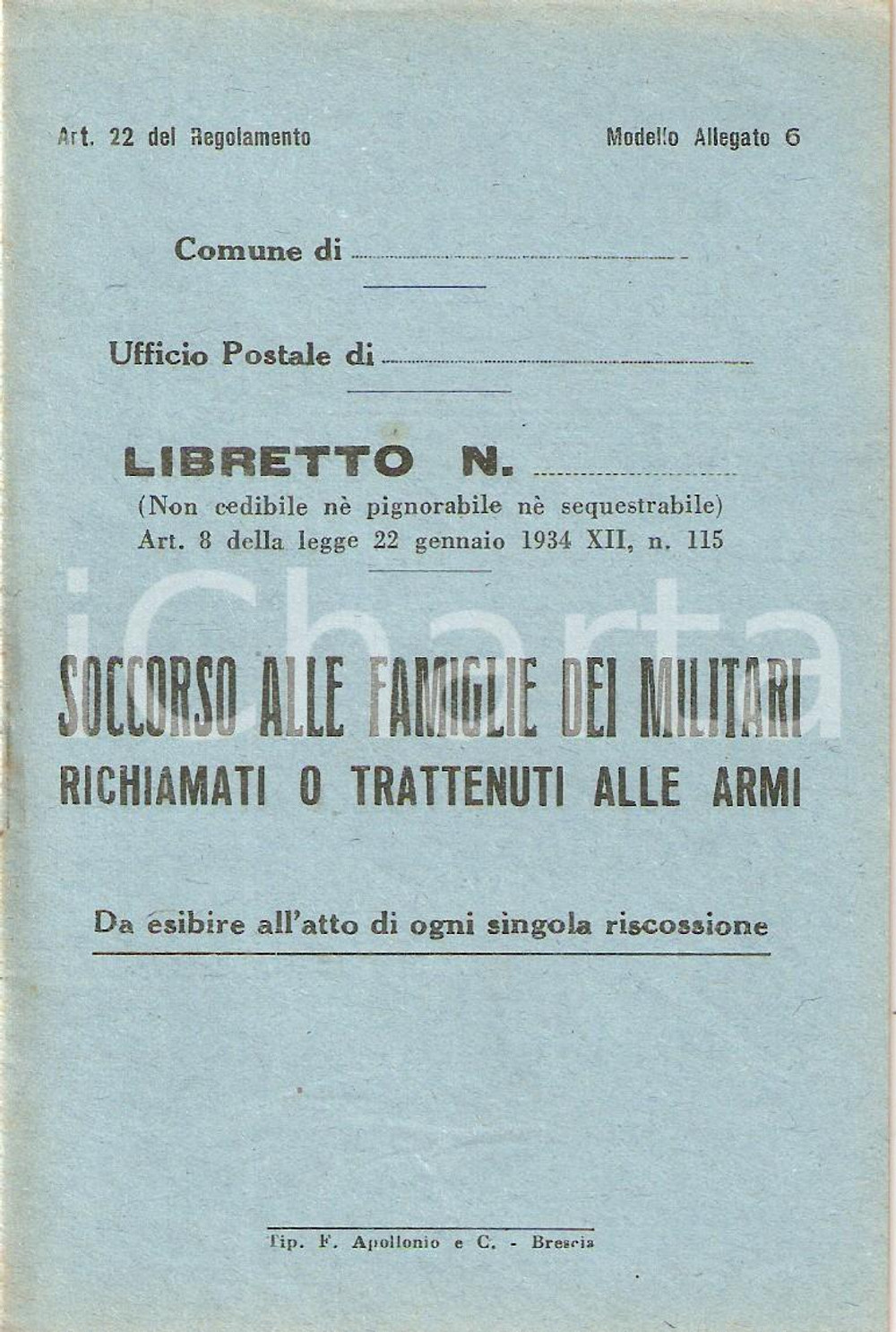 Documento originale, autentico 1940 ca WW2 Soccorso a famiglie militari richiamati o trattenuti Libretto 2 1