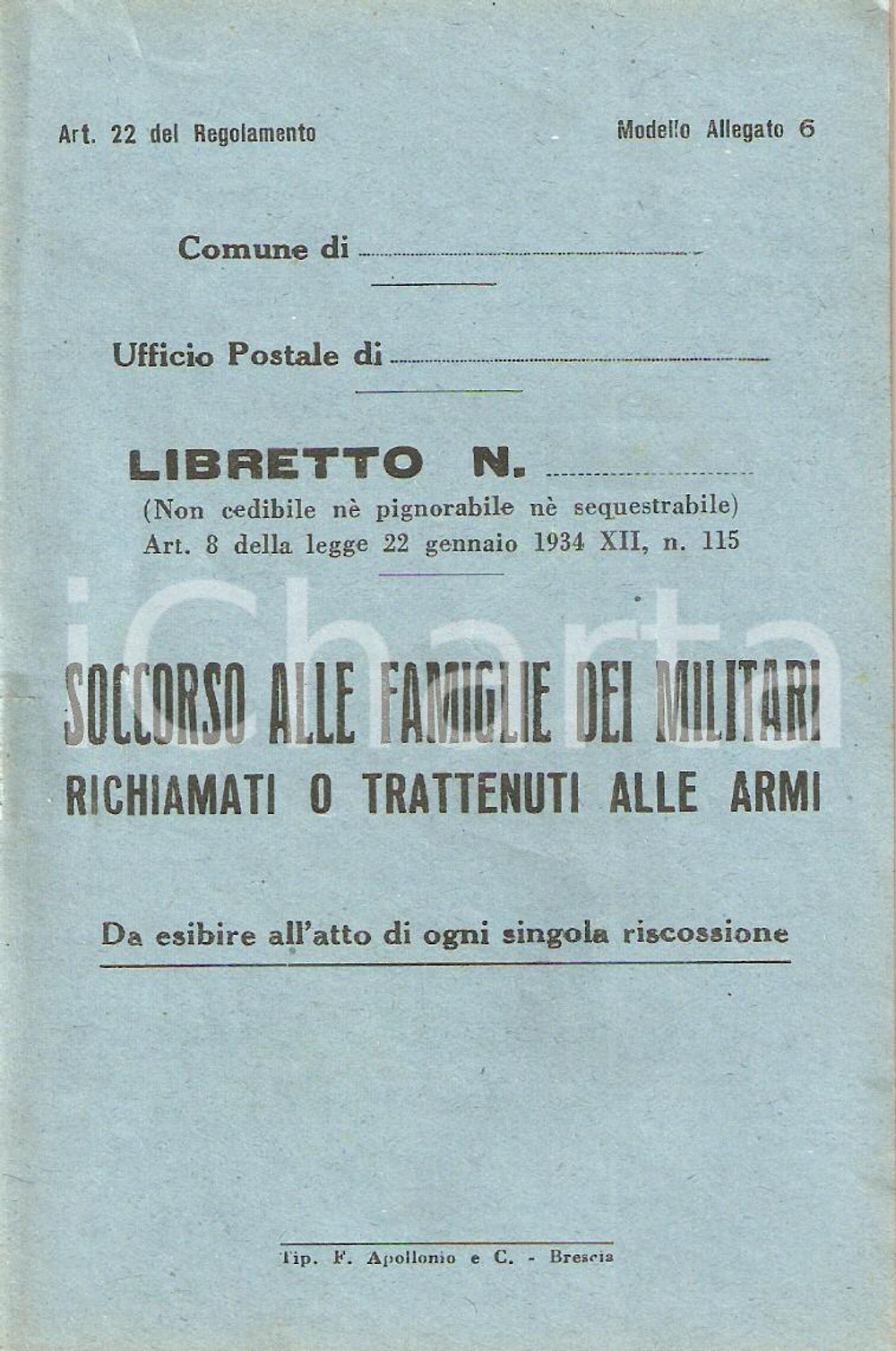 Documento originale, autentico 1940 ca WW2 Soccorso a famiglie militari richiamati o trattenuti Libretto 3 1
