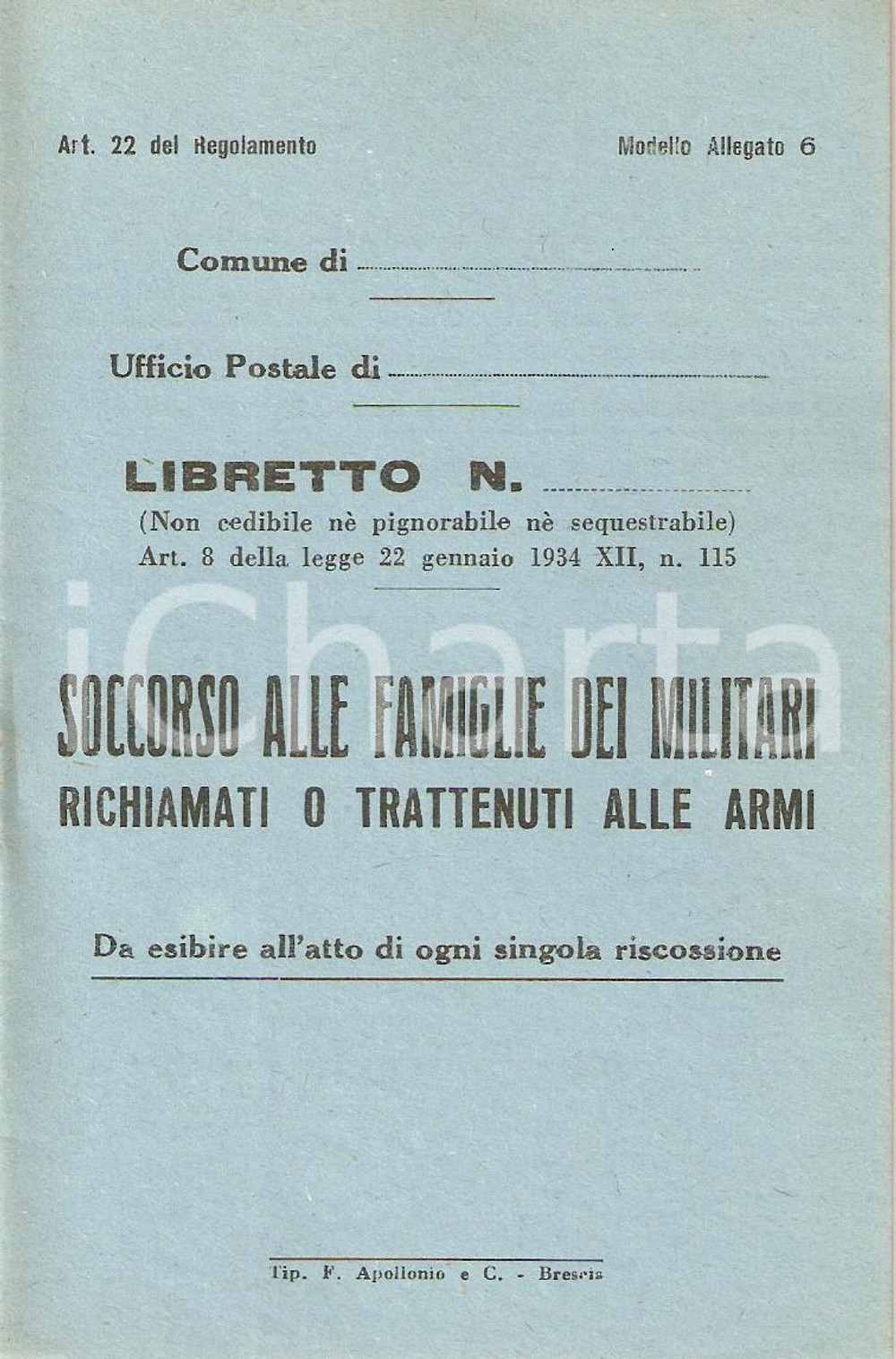 Documento originale, autentico 1940 ca WW2 Soccorso a famiglie militari richiamati o trattenuti Libretto 4 1