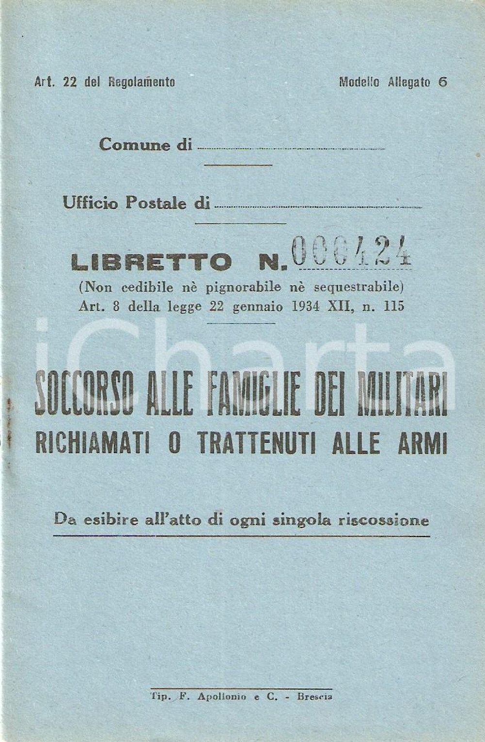 Documento originale, autentico 1940 ca WW2 Soccorso a famiglie militari richiamati o trattenuti Libretto 5 1