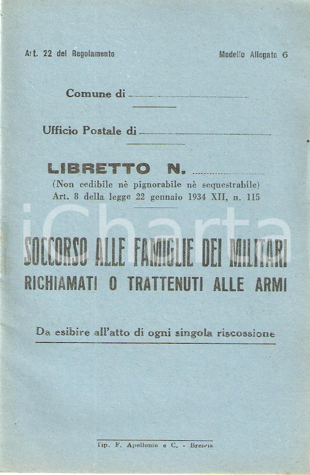 Documento originale, autentico 1940 ca WW2 Soccorso a famiglie militari richiamati o trattenuti Libretto 6 1