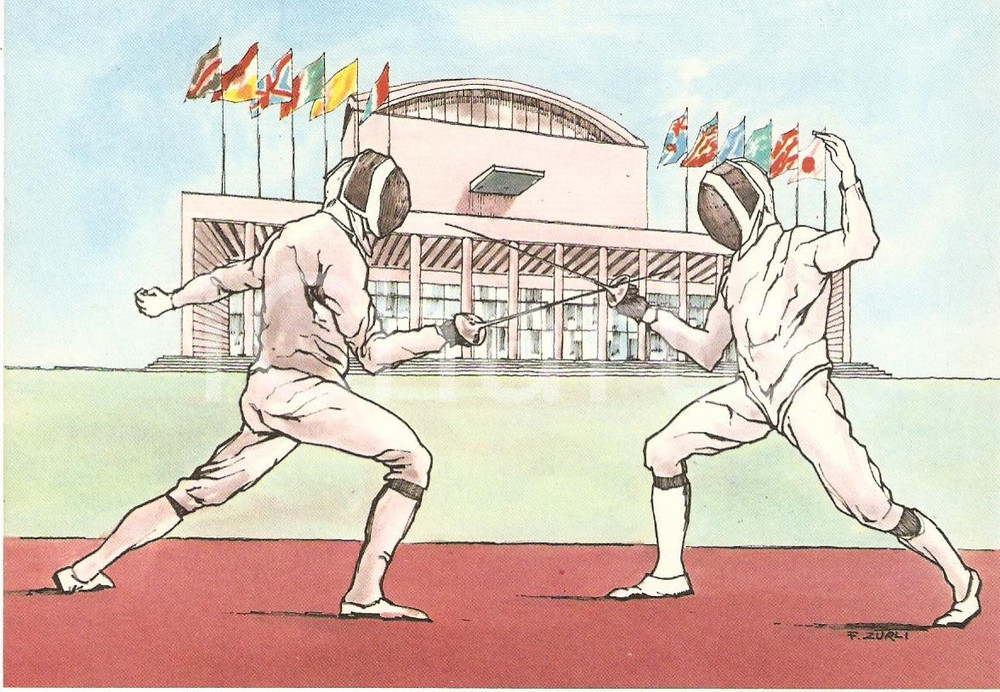 Cartolina originale da collezione 1960 ROMA XVII OLIMPIADE Scherma PALAZZO CONGRESSI Ill. ZURLI Cartolina 2 1