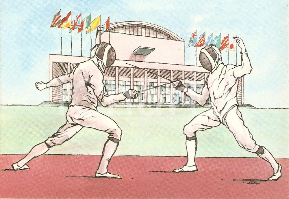 Cartolina originale da collezione 1960 ROMA XVII OLIMPIADE Scherma PALAZZO CONGRESSI Ill. ZURLI Cartolina 1 1
