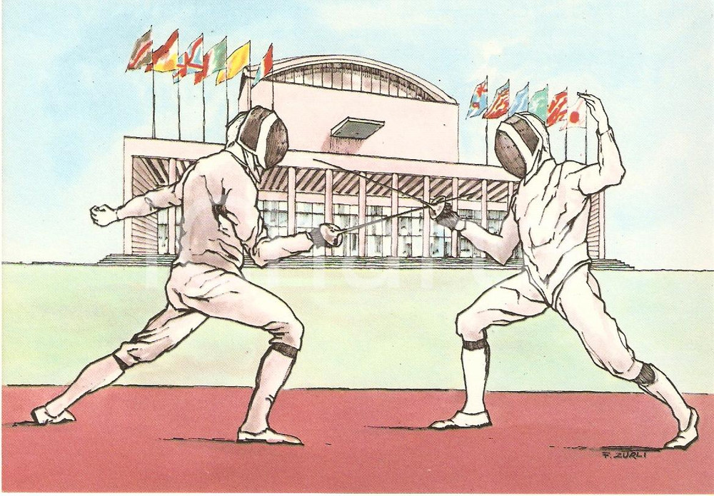 Cartolina originale da collezione 1960 ROMA XVII OLIMPIADE Scherma PALAZZO CONGRESSI Ill. ZURLI Cartolina 3 1