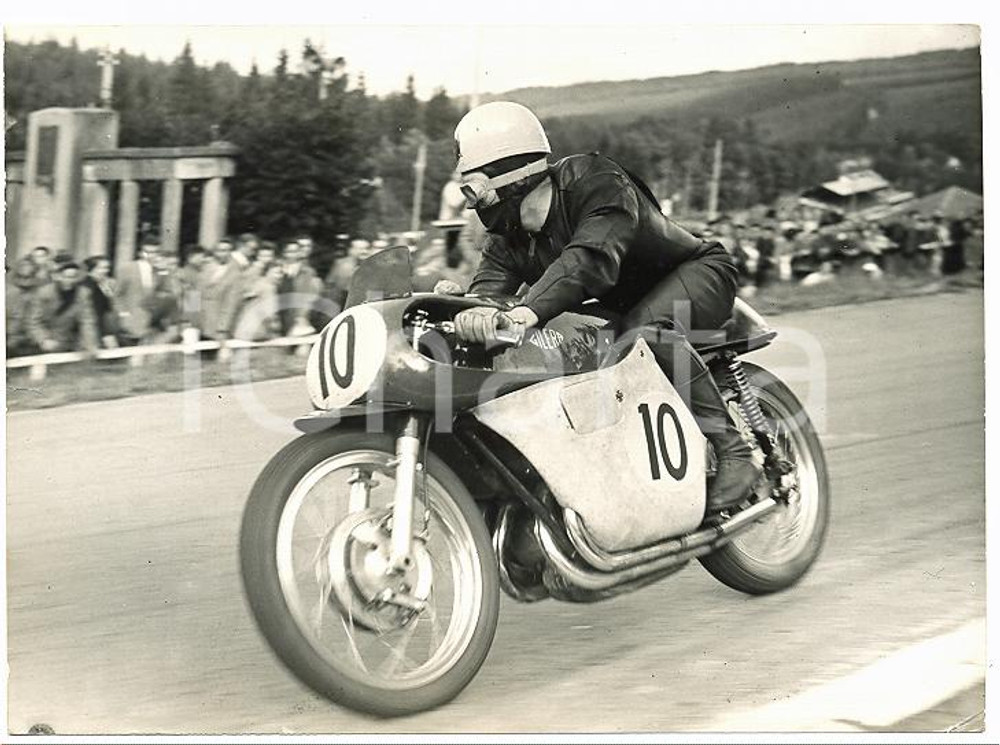 Fotografia d epoca originale 1954 AUTODROMO DI MONZA Prove MOTO GP Carlo BANDIROLA pilota MV AGUSTA Foto 1