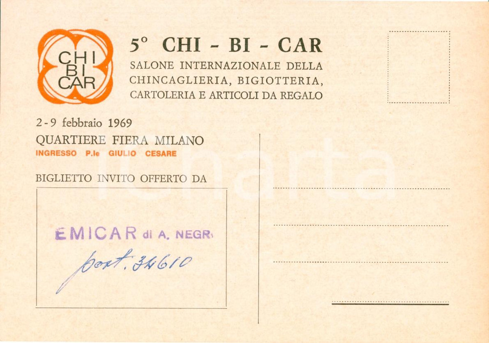 Oggetto da collezione cartaceo 1969 MILANO FIERA Biglietto 5° Salone chincaglieria bigiotteria CHIBICAR 1