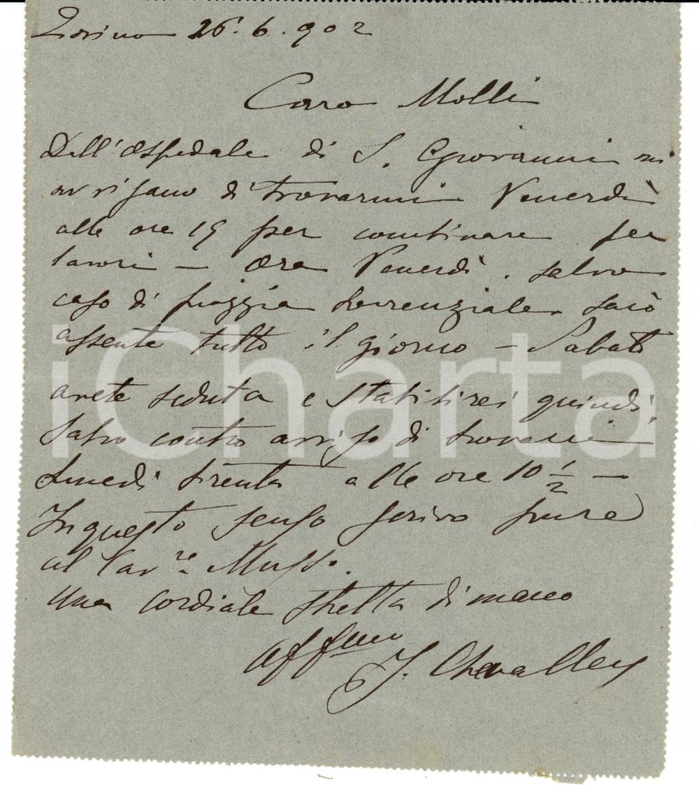 Autografo originale 1902 TORINO Arch. Giovanni CHEVALLEY su lavori MOLINETTE Autografo 1