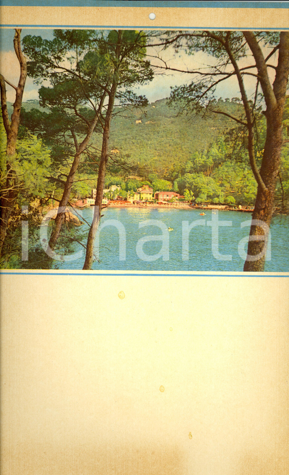 Oggetto da collezione cartaceo 1955 ca MODERNARIATO Calendario perpetuo VINTAGE Panorama lago 24x44 2 1