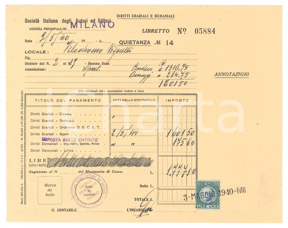 Documento originale, autentico 1940 MILANO  VIGORELLI Quietanza SIAE eventi CICLISMO  21x17 cm 3 1