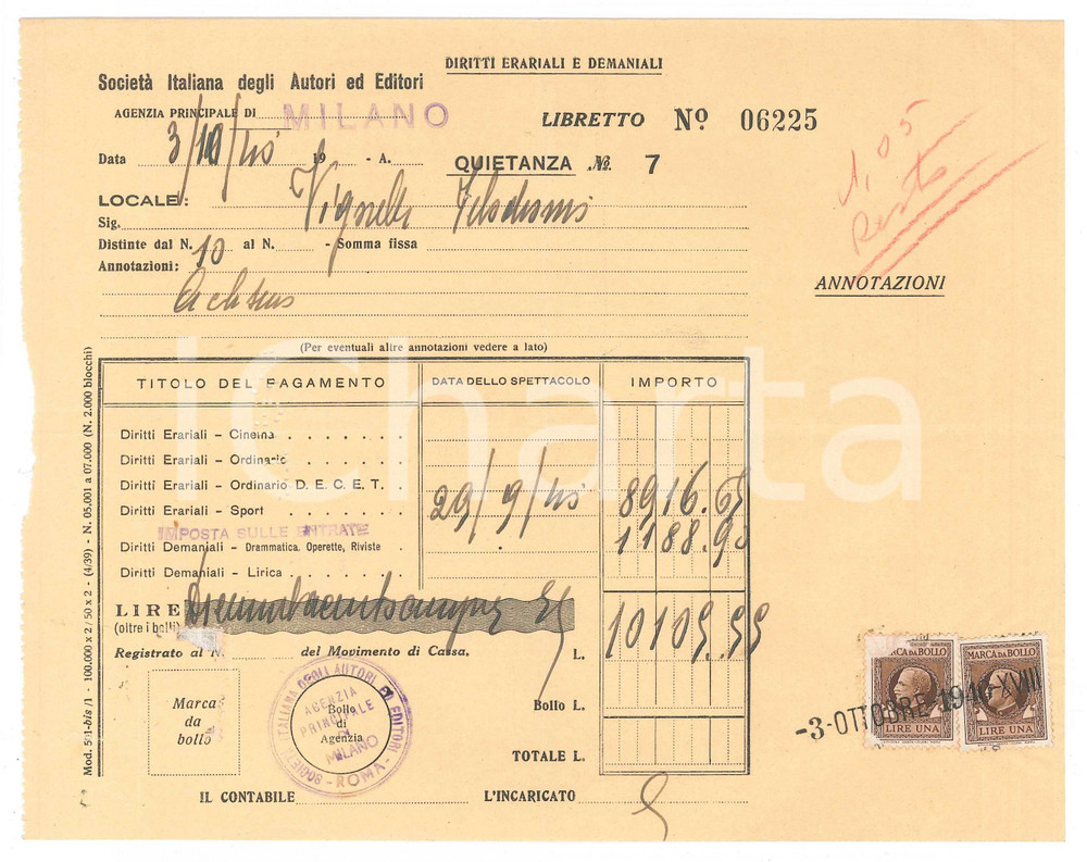 Documento originale, autentico 1940 MILANO  VIGORELLI Quietanza SIAE eventi CICLISMO  21x17 cm 4 1