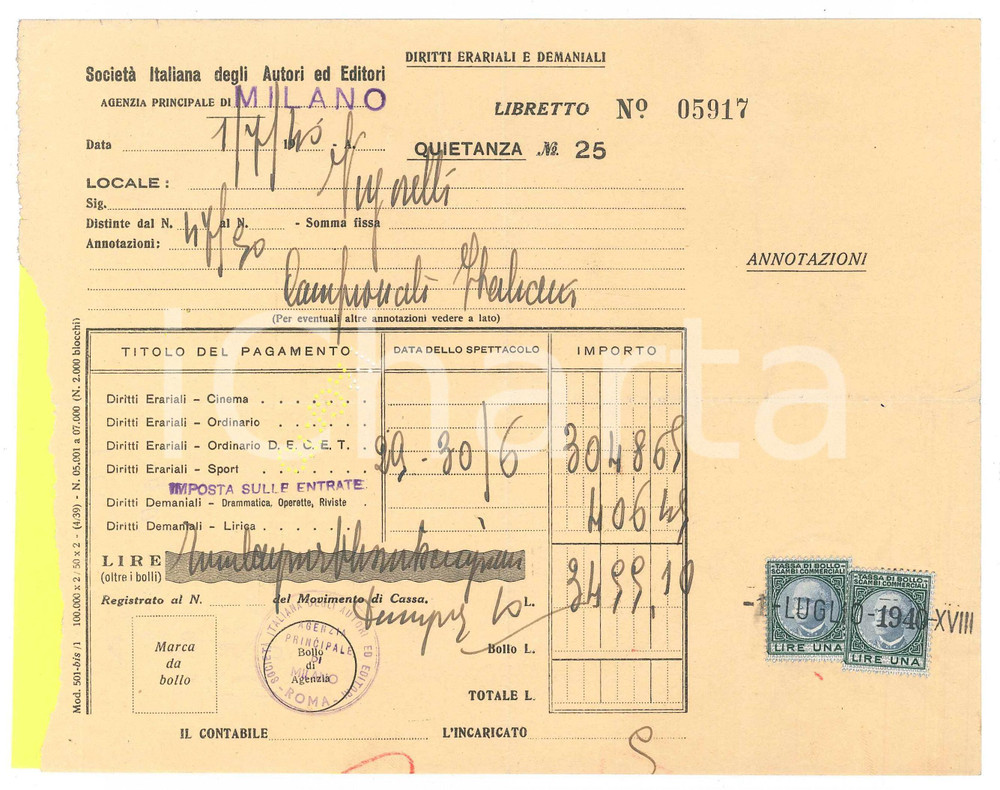 Documento originale, autentico 1940 MILANO  VIGORELLI Quietanza SIAE eventi CICLISMO  21x17 cm 5 1