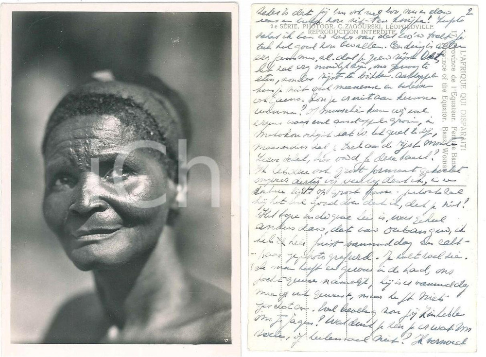 1930 ca C. ZAGOURSKI «L'Afrique qui disparaît»  Femme BANZA Postcard n.17  Fotocartolina postale d'epoca, appartenente alla 2^ serie &laquo;L'Afrique qui dispara&icirc;t&raquo; del fotografo Casimir Zagourski (L&eacute;opoldville).N&deg; 17, scritta ma non viaggiata.CONDIZIONI: G FORMATO: 9x14 cm    originale e autentica 1