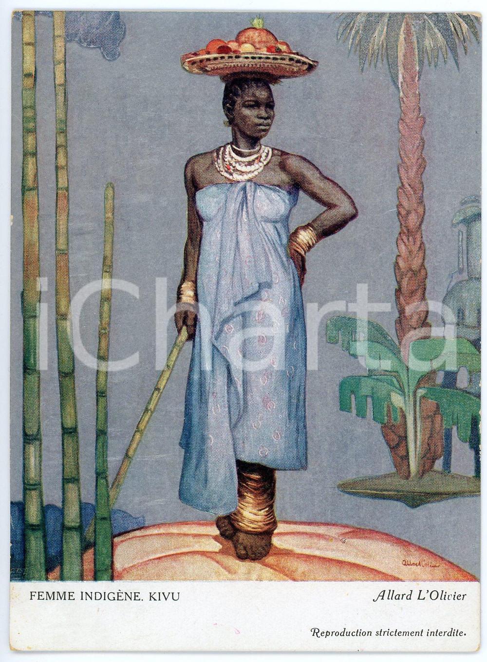 1931 CONGO BELGE Fernand ALLARD L'OLIVIER Femme Indigène KIVU Postcard (3) Cartolina d'epoca, non viaggiata.Al verso timbro: "Croix Rouge du Congo - Exposition Coloniale Internationale de Paris" FAIR/discreto Lievi smussature agli angoli Formato: FG originale e autentica 1