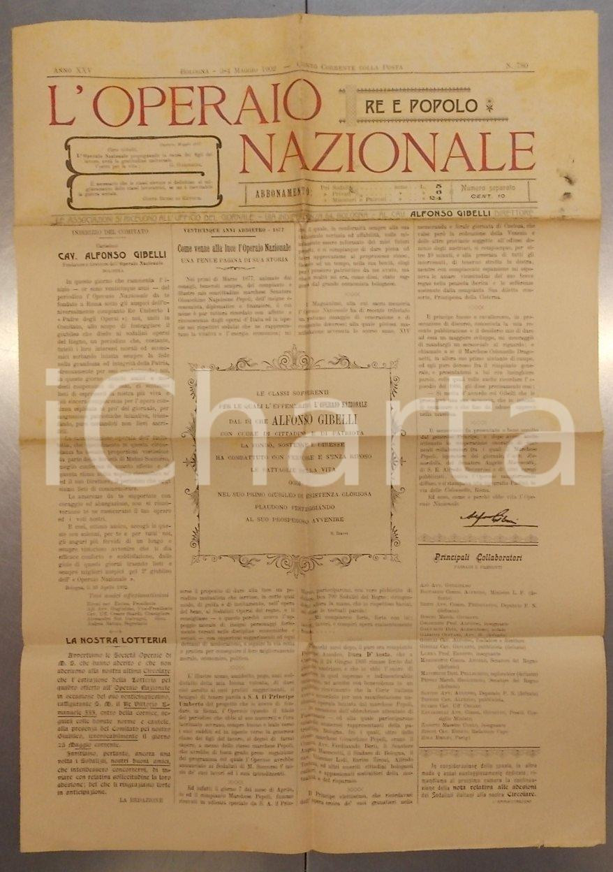 Giornale, rivista storica 1902 BOLOGNA L OPERAIO NAZIONALE Comitato ringrazia Alfonso GIBELLI Giornale 1