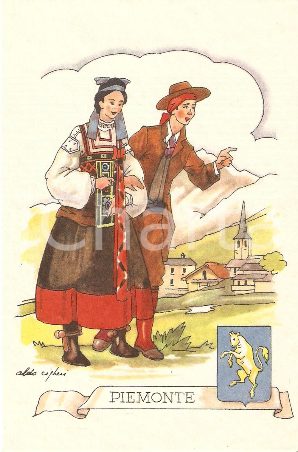 Cartolina originale da collezione 1950 PIEMONTE Costumi regionali Ill. ALDO CIGHERI *Cartolina postale (2) 1