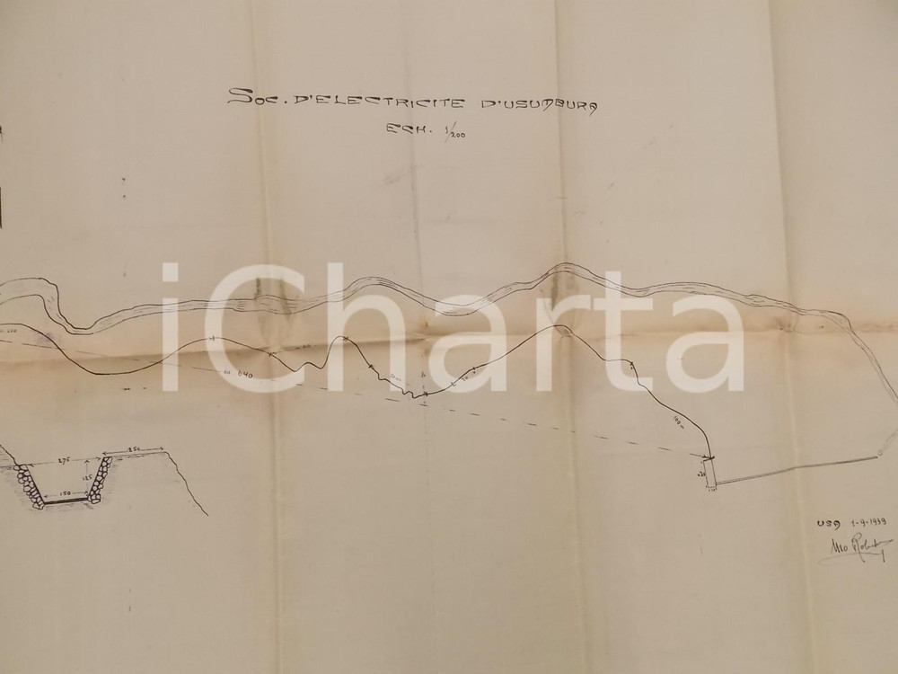 Stampa, bozzetto originale 1939 USUMBURA BURUNDI Société Electricité Planimetria del terreno 60x90 cm 1