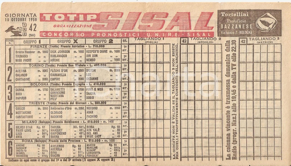 Materiale pubblicitario d’epoca 1958 TOTIP SISAL Concorso 42 Tortellini Pastificio BAZZANESE Schedina 2 1