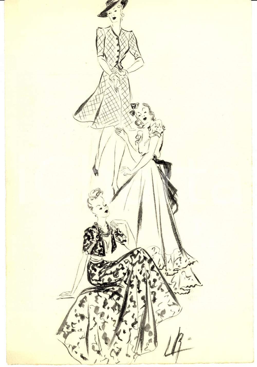 Stampa, bozzetto originale 1939 Moda donna ANNI  30 Abiti da giorno e da sera Bozzetto AUTOGRAFO 2 1