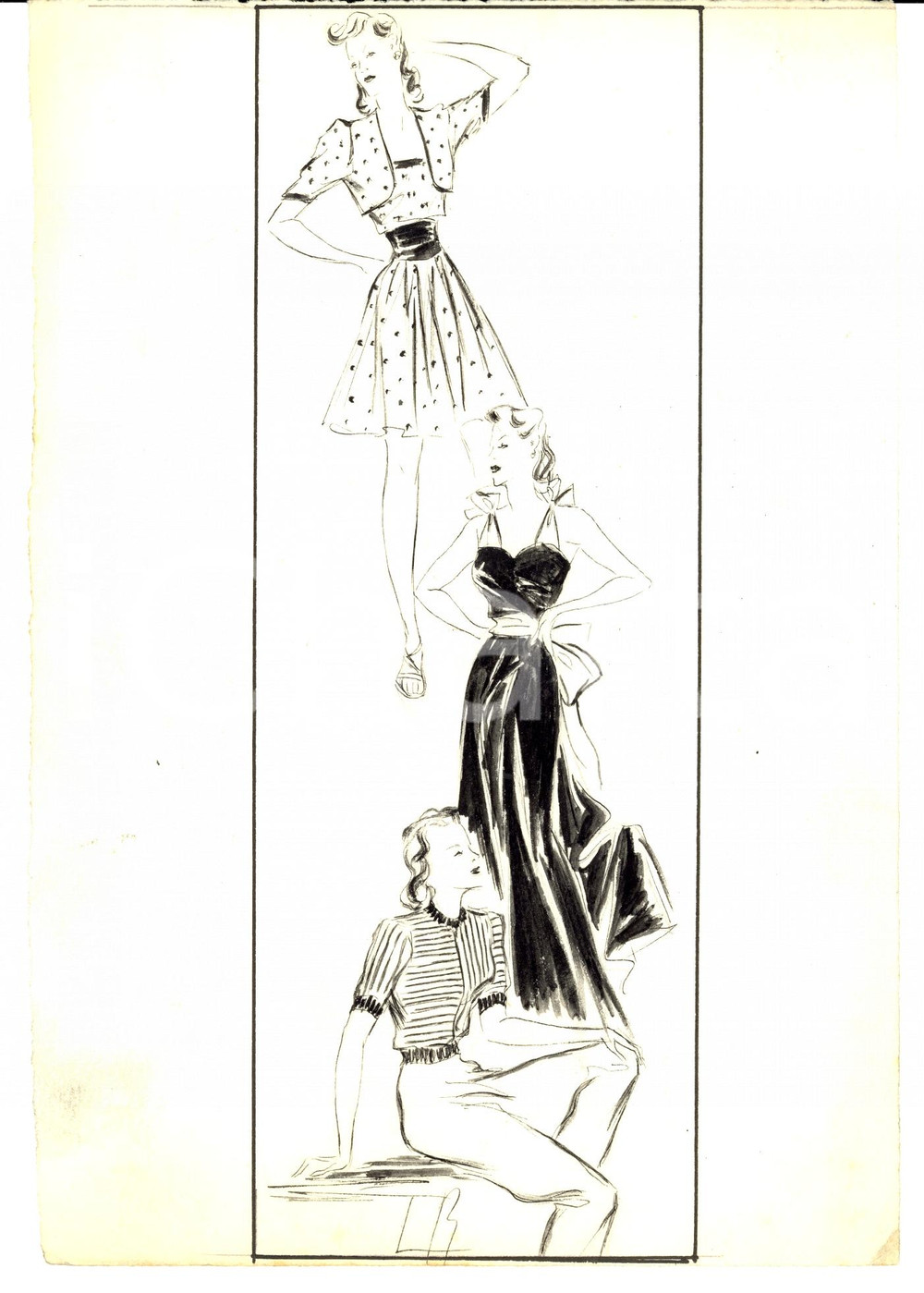 Stampa, bozzetto originale 1939 Moda donna ANNI  30 Abiti da giorno e da sera Bozzetto AUTOGRAFO 3 1