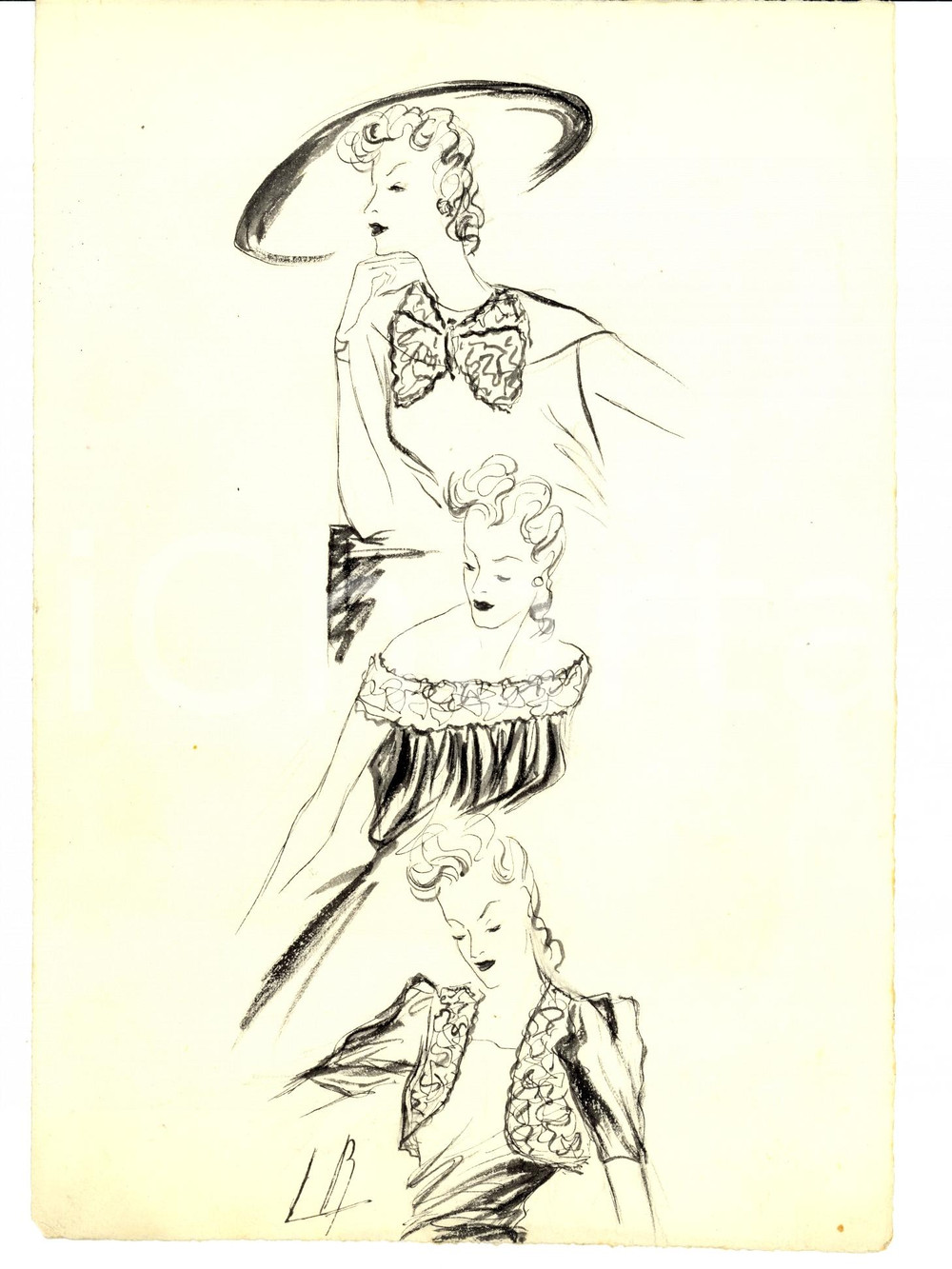 Stampa, bozzetto originale 1939 Moda donna ANNI  30 Bozzetto per corpetti AUTOGRAFO 1