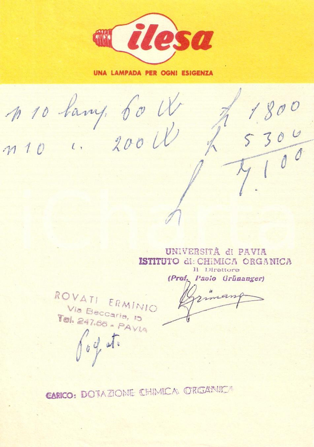 Materiale pubblicitario d’epoca 1965 ca PAVIA Elettricista Erminio ROVATI Lampadine ILESA *Ricevuta (1) 1